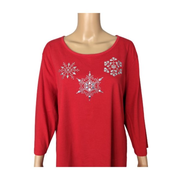 Coral Bay Red and Silver Snowflake Embellished 3/4 Length Sleeve Top 1X - Picture 2 of 9